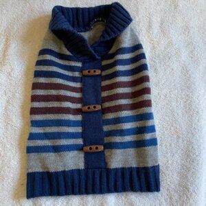 DOG CLOTHES, KNIT SWEATER (BLUE & BROWN STRIPE WITH WOODEN BUTTONS)
